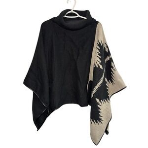 Mark Women Black Tan Southwestern Tribal Cowl Neck Poncho Cape Wrap Size M/L